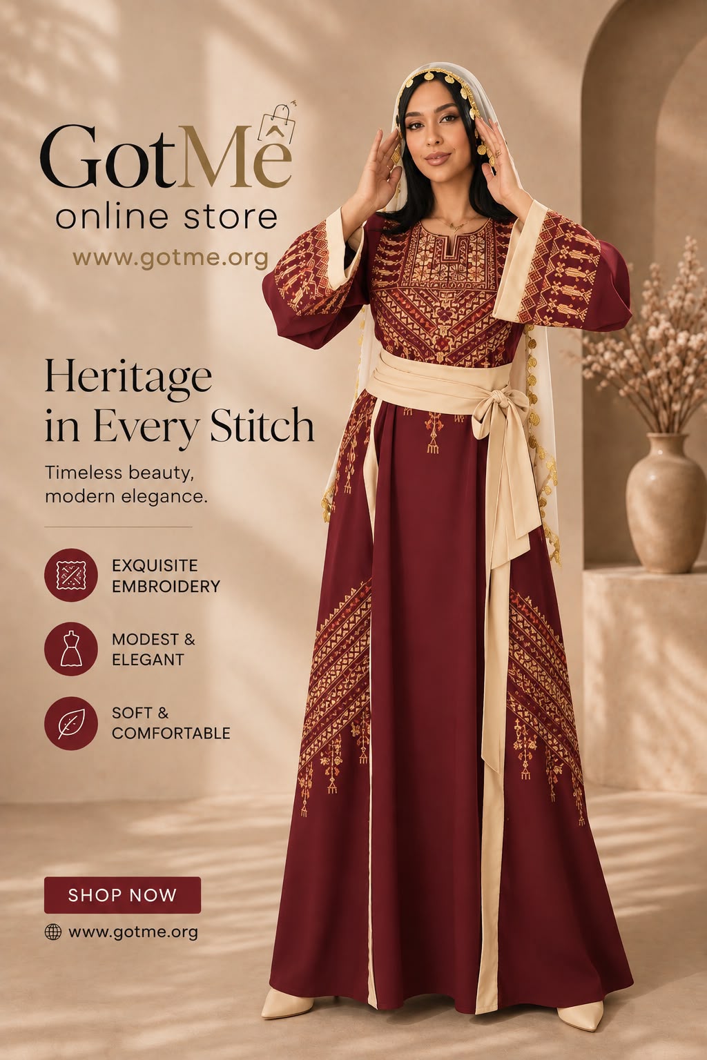 Heritage Tatreez Abaya — Palestinian Embroidered Maroon Dress with Coin-Trim Headscarf Style & Satin Sash