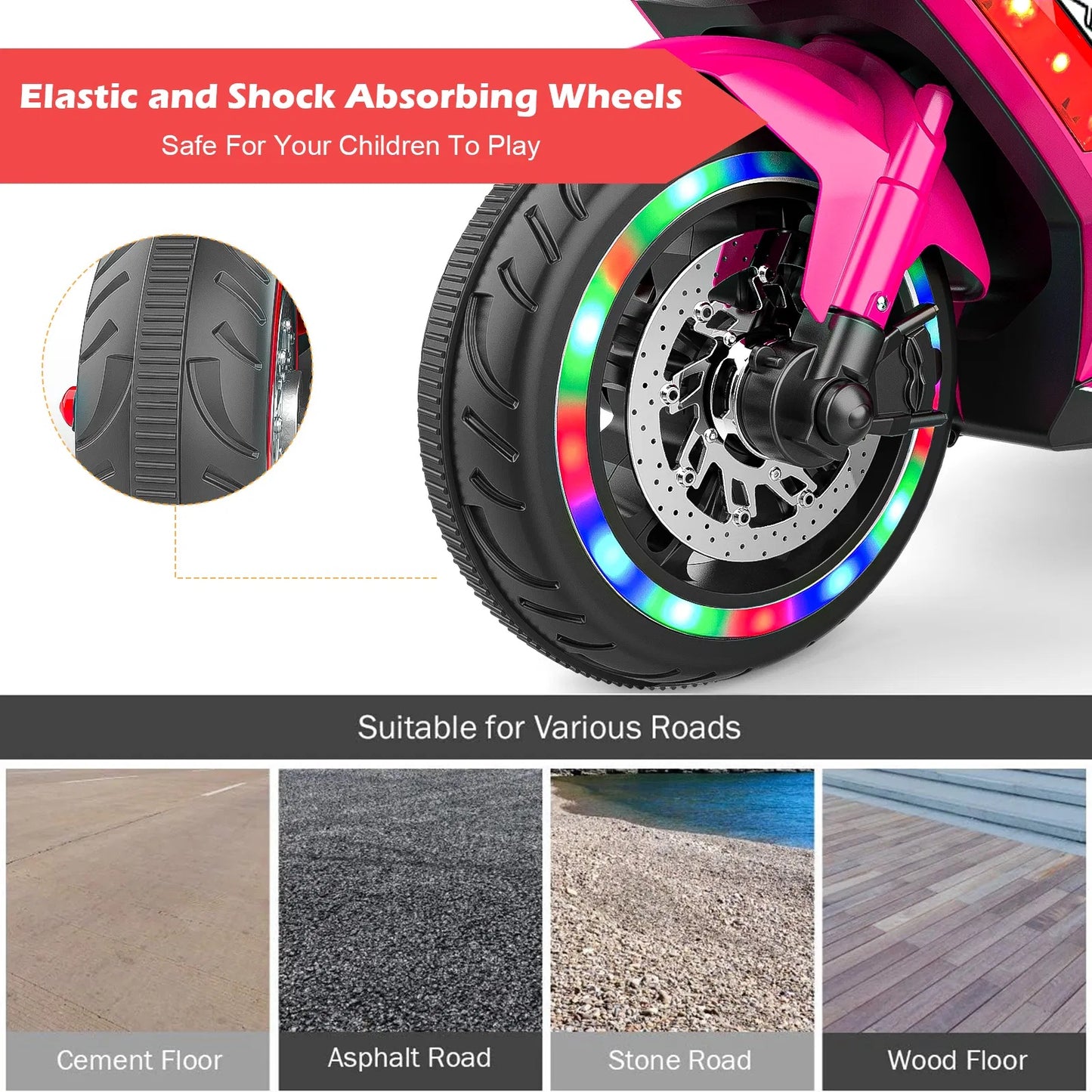 Kids Powered Ride-ons Toy, Kids Motorcycle For 3-6 Years, 12V Electric Ride On Motorcycle With Light Wheel & Bluetooth Music-Pink