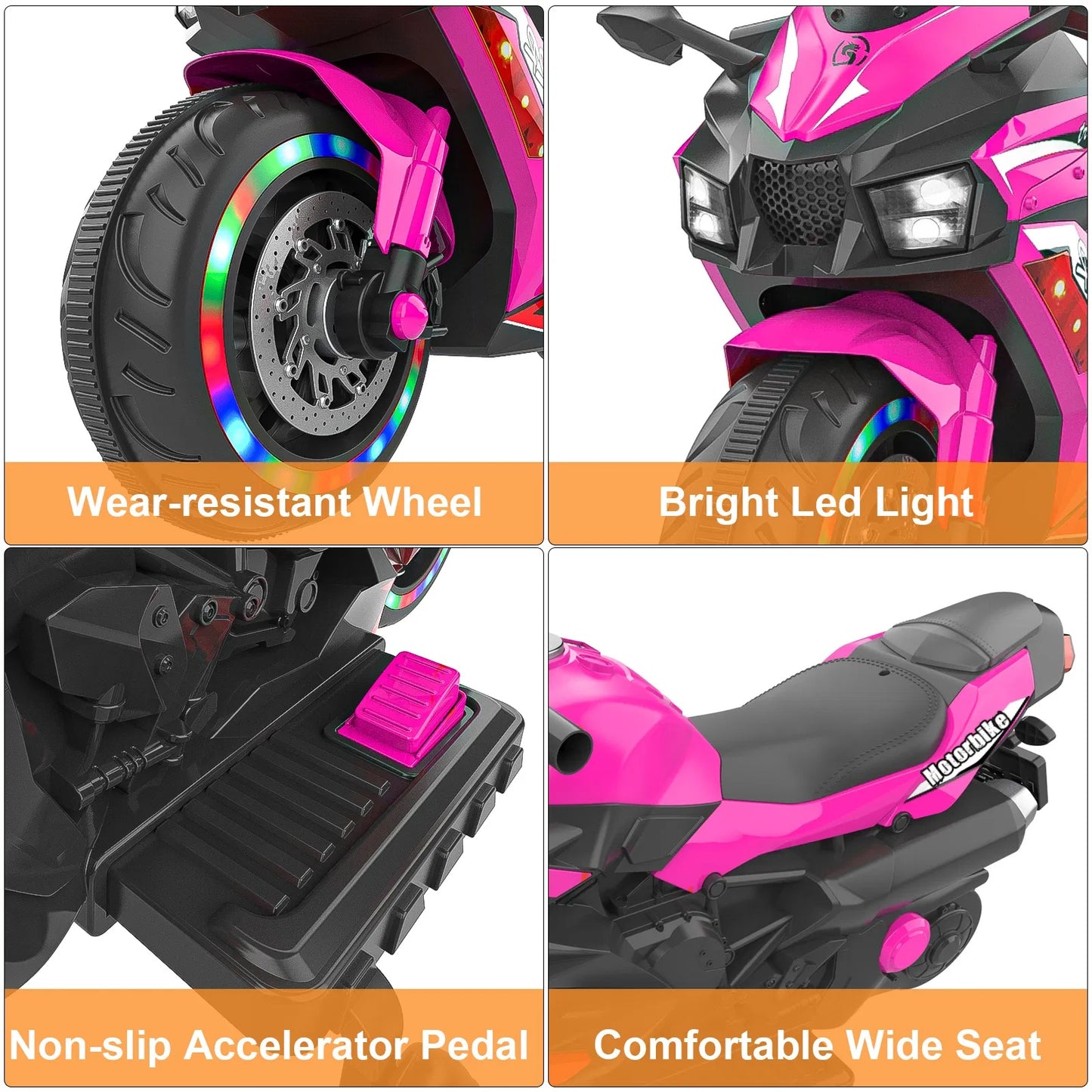 Kids Powered Ride-ons Toy, Kids Motorcycle For 3-6 Years, 12V Electric Ride On Motorcycle With Light Wheel & Bluetooth Music-Pink