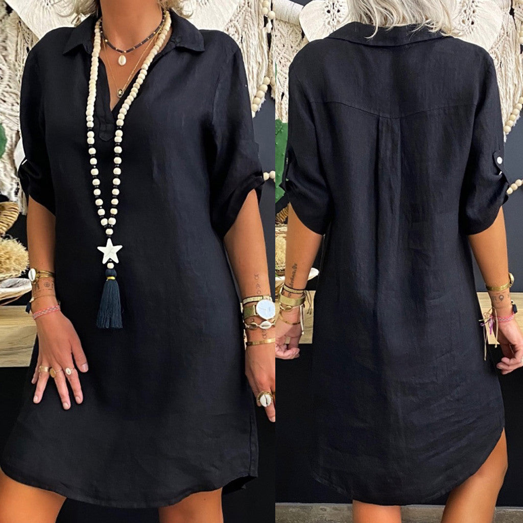 Short-sleeved Rayon Shirt Dress