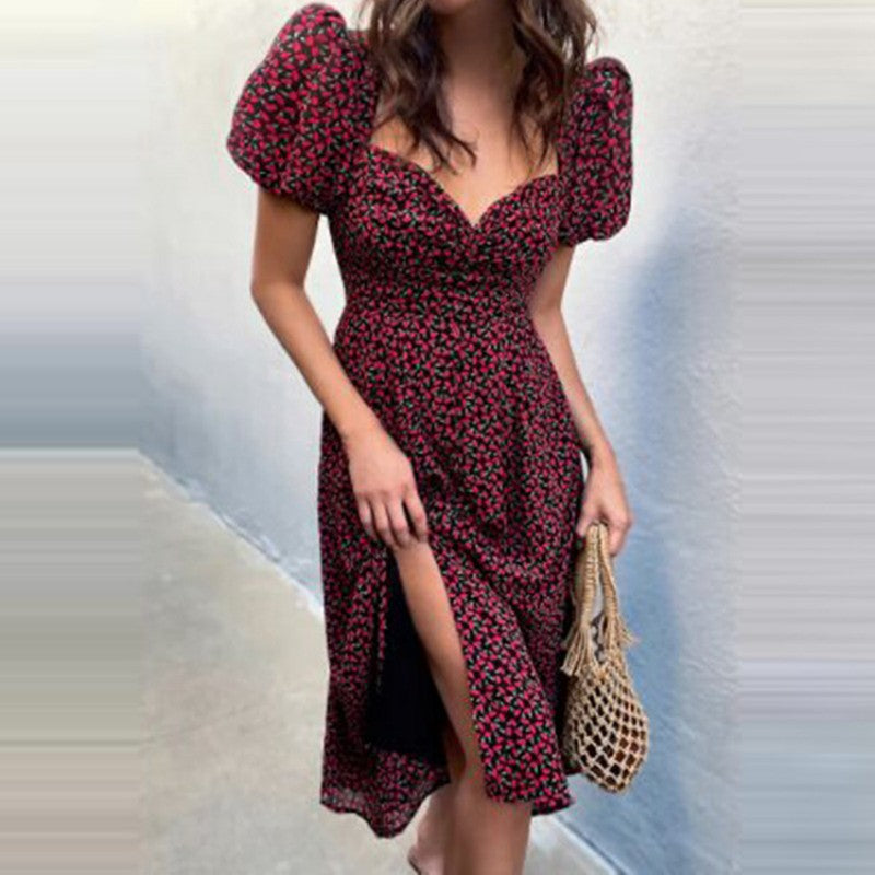 Bubble Sleeve Split Midi Dress