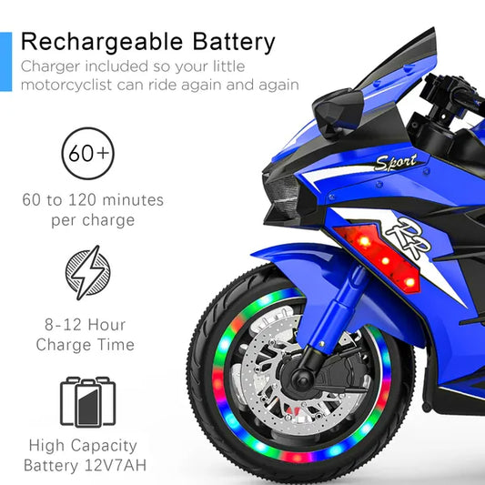 Kids Powered Ride-ons Toy, Kids Motorcycle For 3-6 Years, 12V Electric Ride On Motorcycle With Light Wheel & Bluetooth Music-Blue