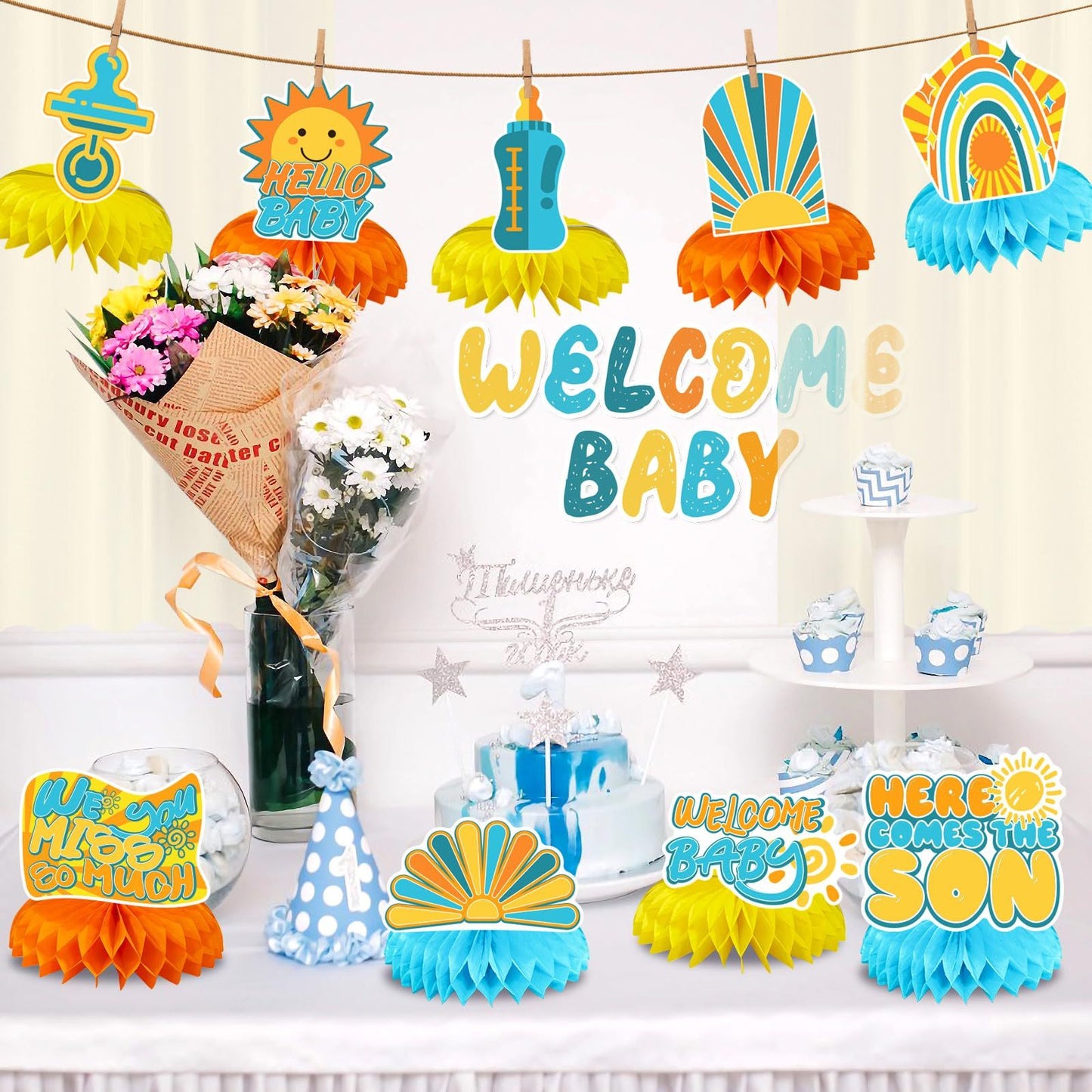 14 Pcs Here Comes The Son Baby Shower Decor, Baby Shower Honeycomb Centerpieces Set For Tables Here Comes The Son Sunshine Decorations Boho Rainbow Sun Gender Reveal Party Favors Supplies-Clearance
