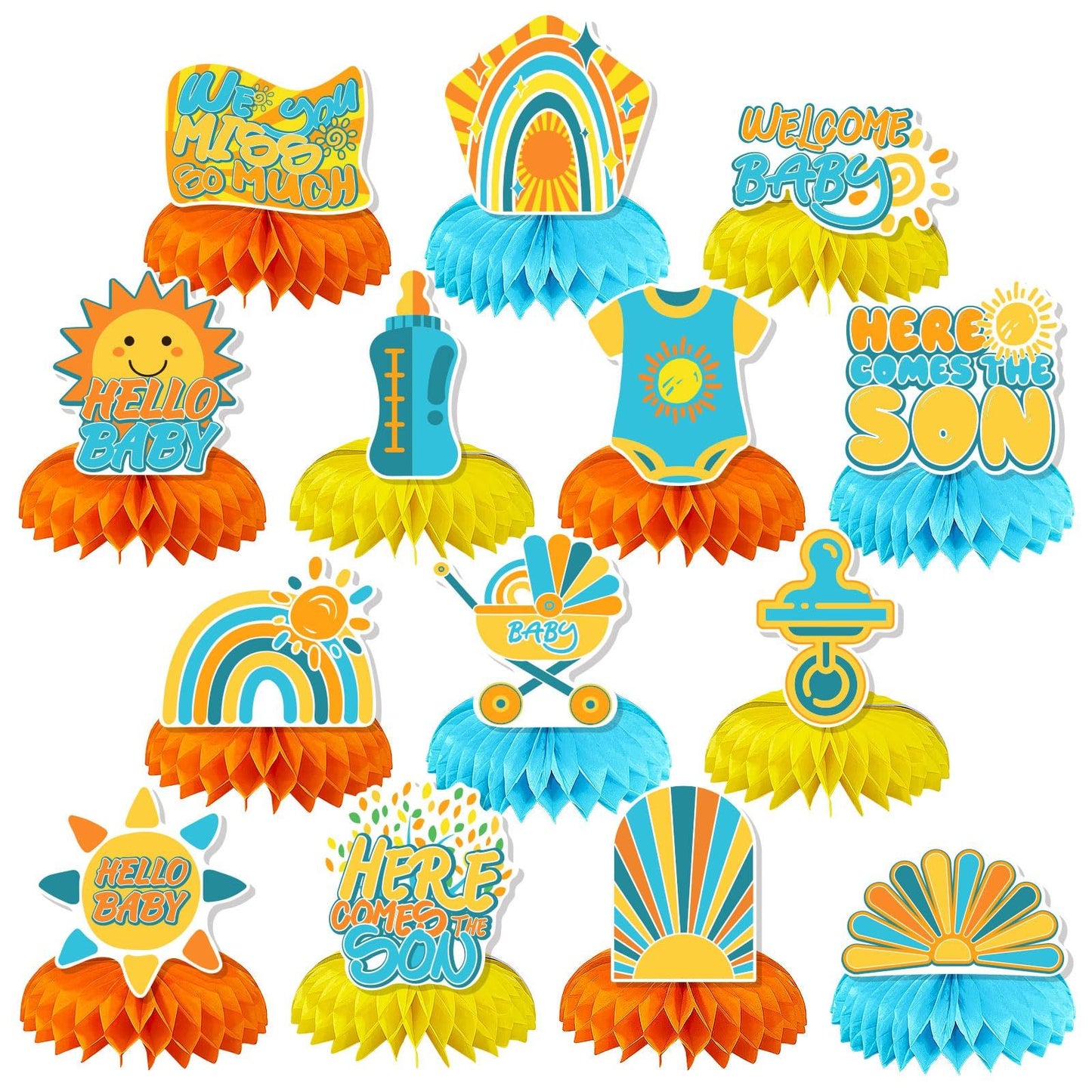 14 Pcs Here Comes The Son Baby Shower Decor, Baby Shower Honeycomb Centerpieces Set For Tables Here Comes The Son Sunshine Decorations Boho Rainbow Sun Gender Reveal Party Favors Supplies-Clearance