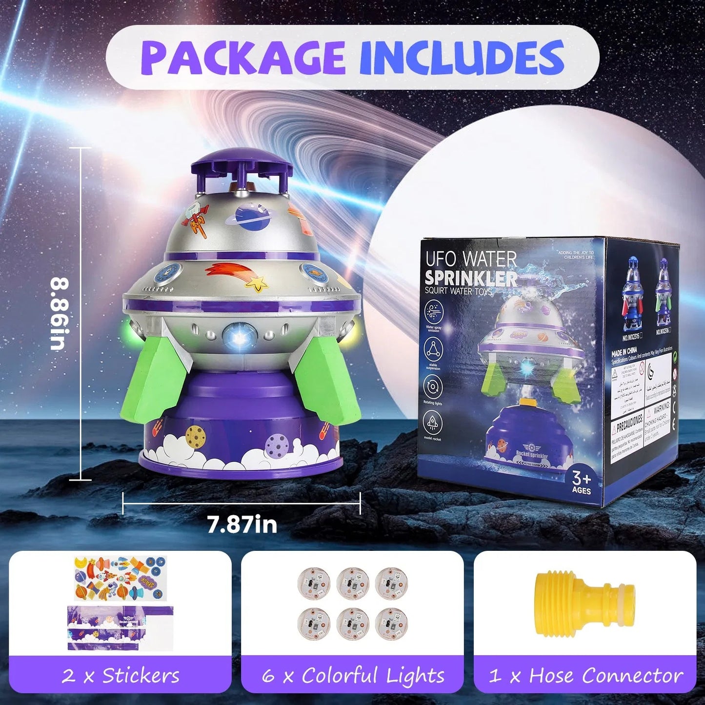 UFO Water Sprinkler Outdoor Summer Rocket Toy With Colorful LED Lights Spinning 1.64FT To 6.56FT Adjustable Height Birthday Summer Gift For Girls Boys Aged Years Old GPCT5465