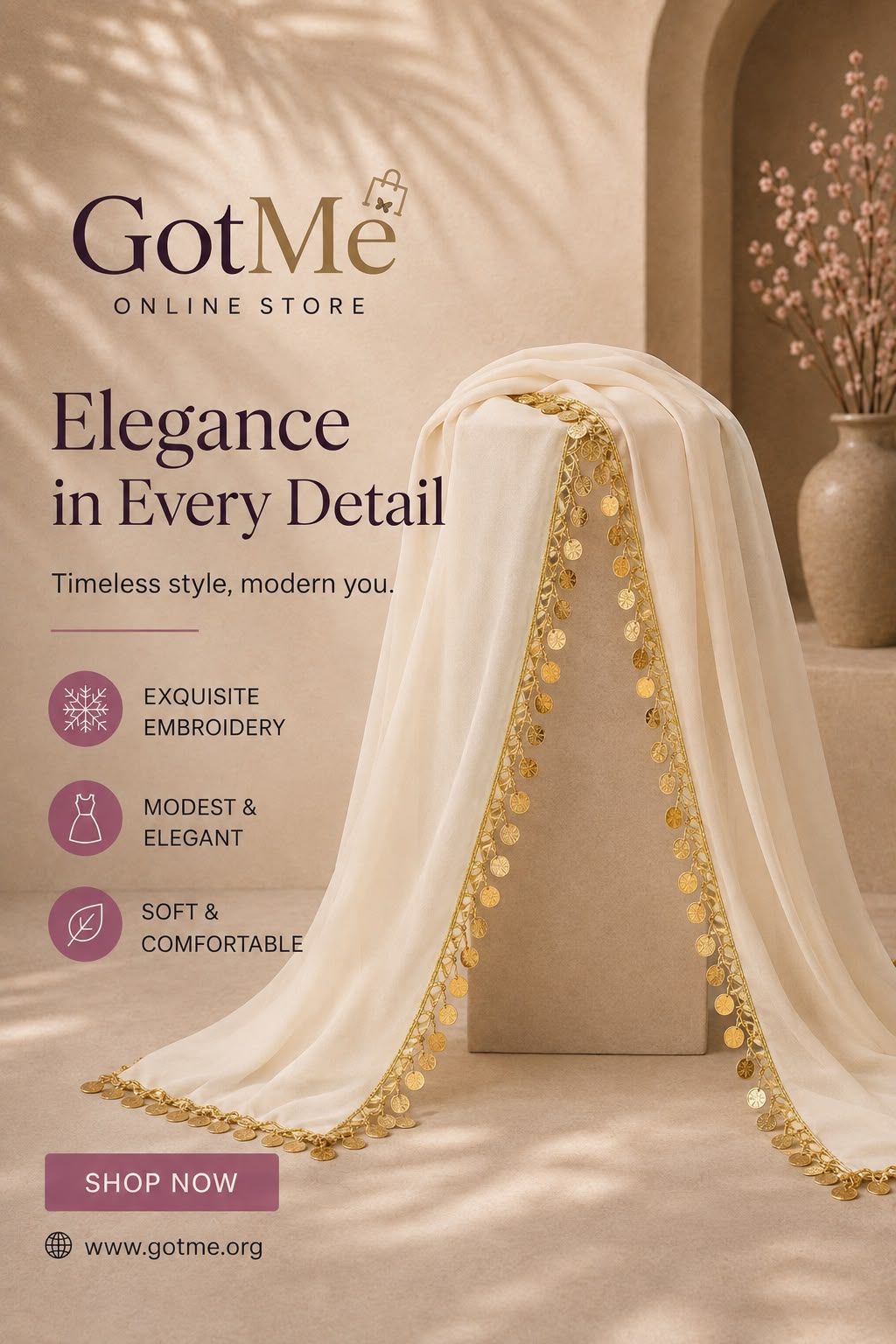 Ivory Elegance Coin-Trim Hijab