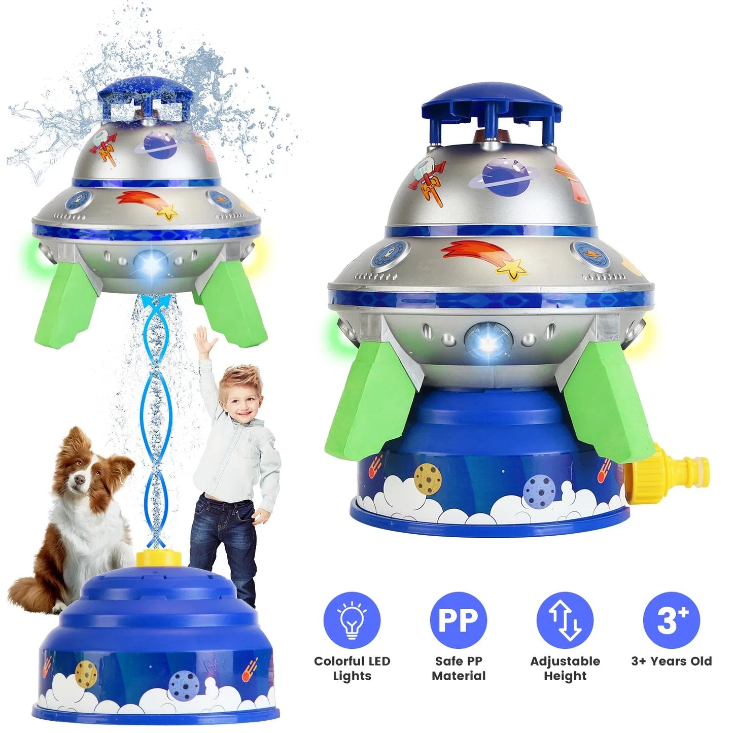 UFO Water Sprinkler Outdoor Summer Rocket Toy With Colorful LED Lights Spinning 1.64FT To 6.56FT Adjustable Height Birthday Summer Gift For Girls Boys Aged Years Old GPCT5465