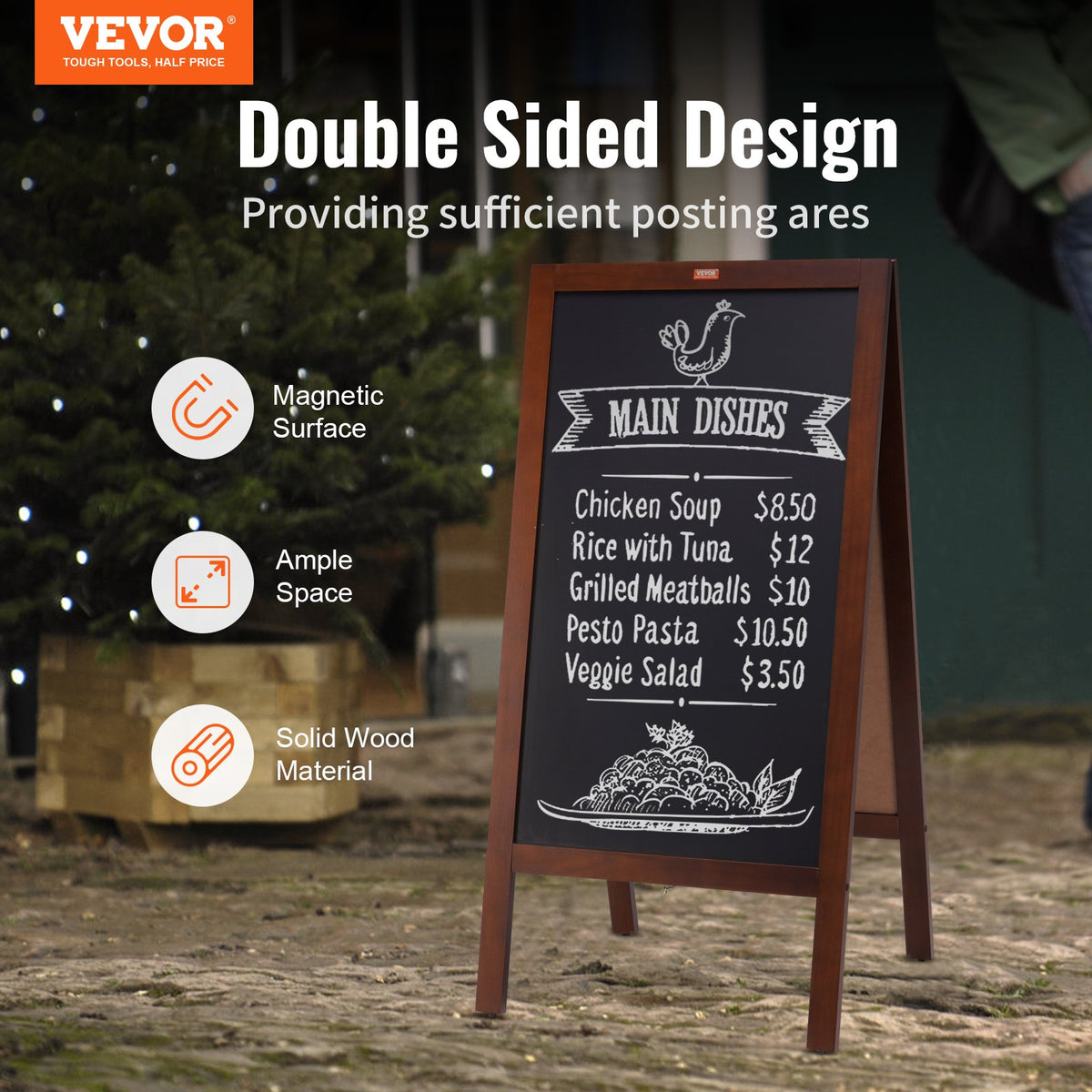 A Frame Chalkboard Sign, Double-Sided Sidewalk Signs, Freestanding Vintage Wooden Chalk Board With Chalks & Magnetic Eraser, Rustic Brown Outdoor Sandwich Board, 20"x40", Kitchen Home Wedding