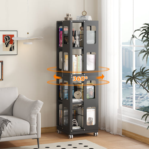 4-Tier All-Steel Rotating Bookshelf With 360 Wheels, Large Size Sturdy Spacious Book Rack, New Style White Bookshelf,Easy Assembly