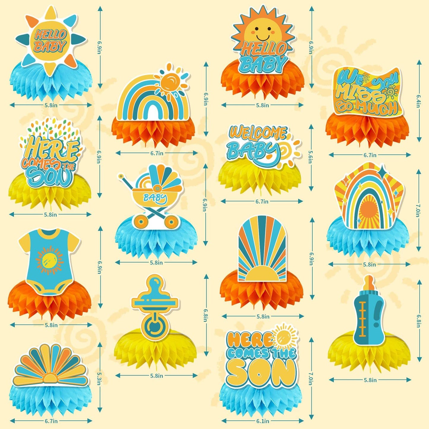 14 Pcs Here Comes The Son Baby Shower Decor, Baby Shower Honeycomb Centerpieces Set For Tables Here Comes The Son Sunshine Decorations Boho Rainbow Sun Gender Reveal Party Favors Supplies-Clearance