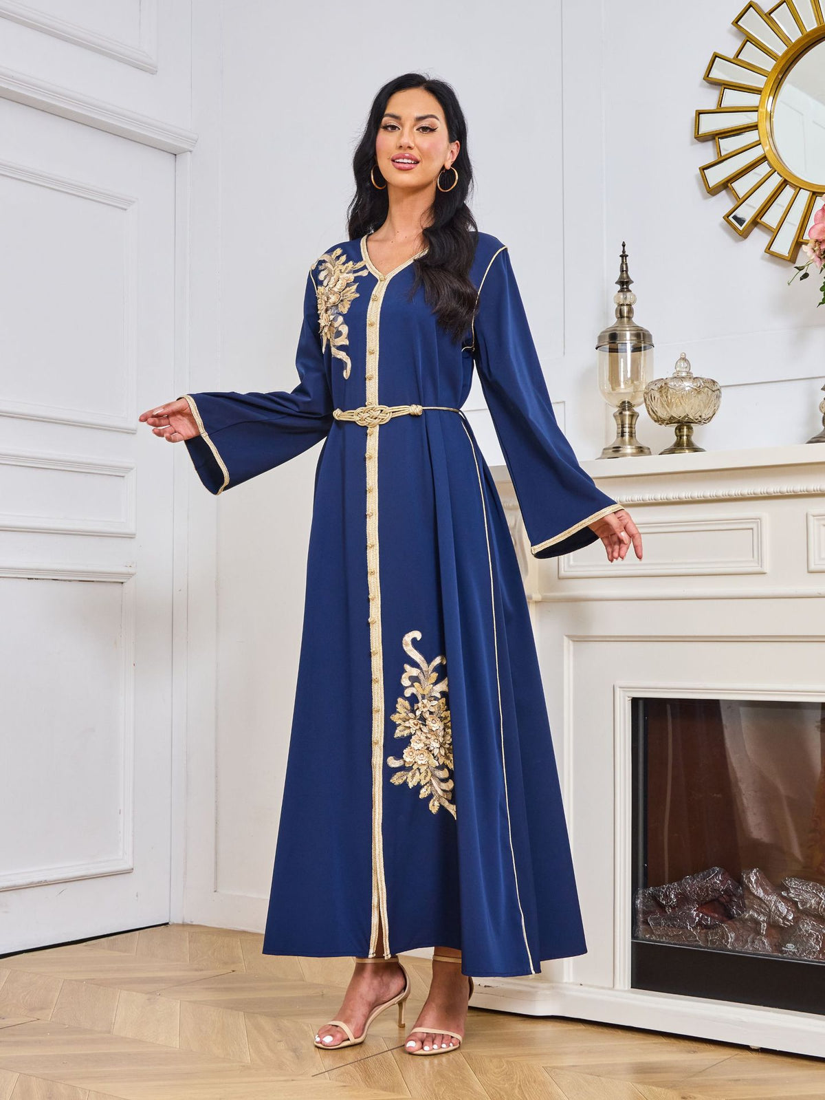 Dubai Abaya Gown Dress With Printed Hot-stone And Embroidered Detailing