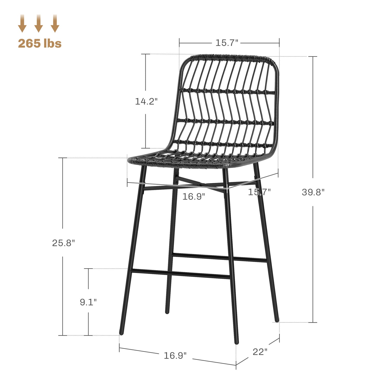 Rattan Counter Bar Stools Set of 2, 26" Counter Height Barstools with Back, Bar Chairs for Kitchen Island, Black