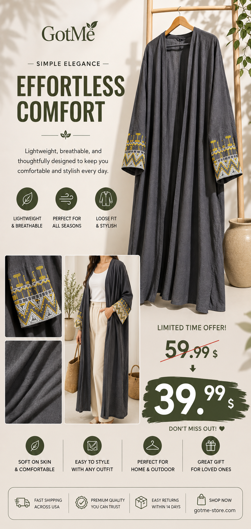 Women’s Lightweight Embroidered Open-Front Abaya – Elegant & Comfortable Long Cardigan