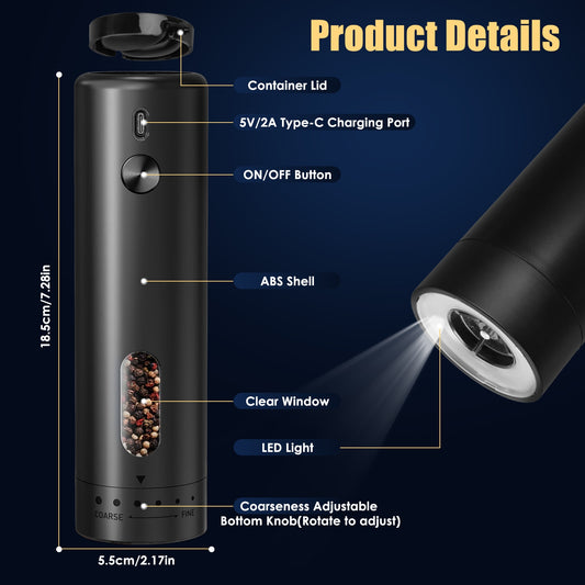 1Pc Electric Pepper Grinder USB Rechargeable Pepper Mill Automatic Salt Grinder With 6 Adjustable Coarseness LED Light 110ML Container One Hand Operation For Kitchen Essential