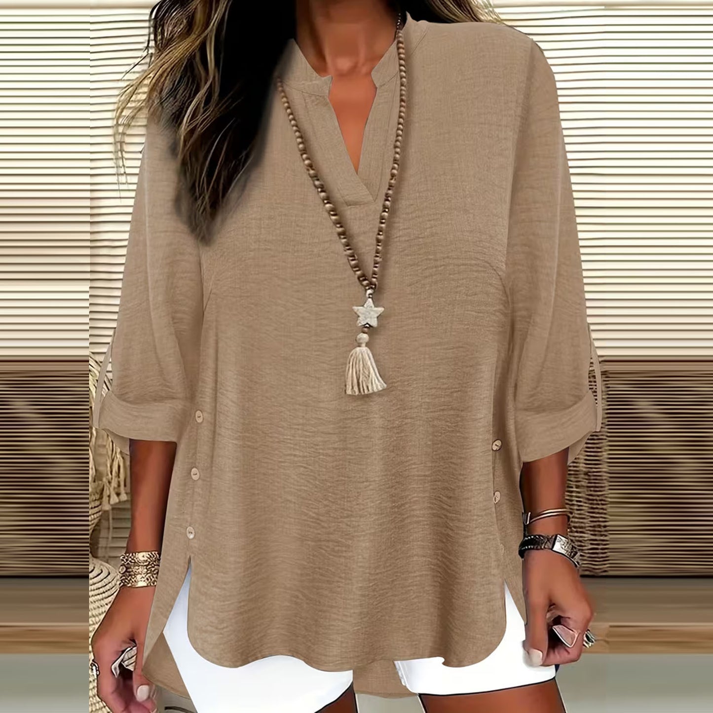 Button-Up Seven-Sleeve Top