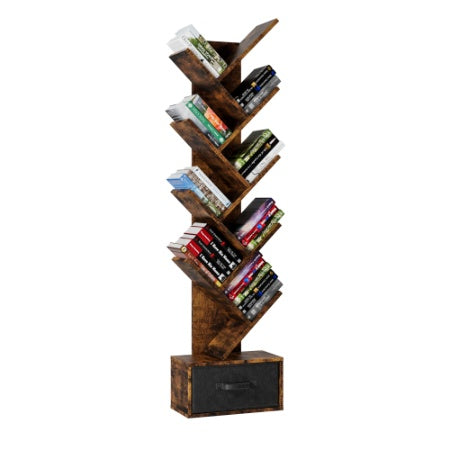 9 Tier Tree Bookshelf With Drawer Bookcase, Modern Book Storage, Free Standing Tree Bookcase, Utility Organizer Shelves For Home Office, Living Room, Bedroom, Rustic Brown