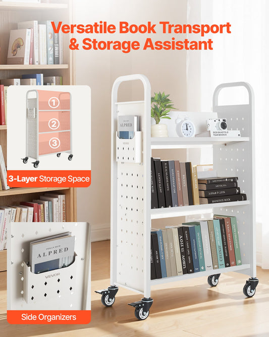 3-Tier Rolling Book Cart Single Sided V-Shaped Shelves Book Truck In White