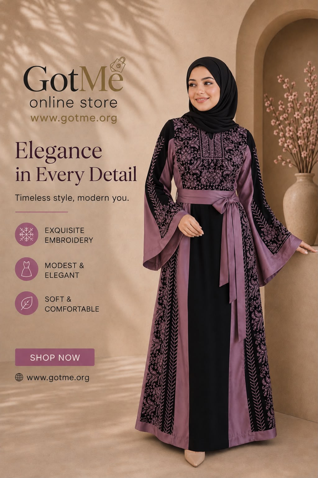 Embroidered Abaya - black and mauve