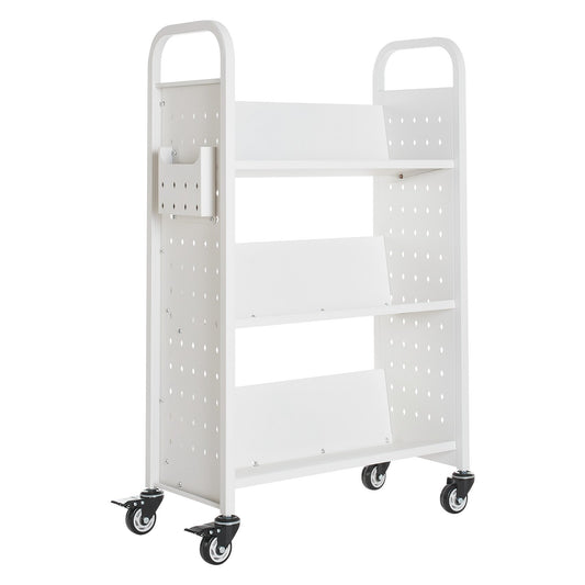 3-Tier Rolling Book Cart Single Sided V-Shaped Shelves Book Truck In White