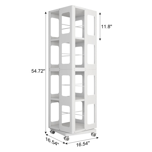 4-Tier All-Steel Rotating Bookshelf With 360  Wheels, Large Size Sturdy   Spacious Book Rack, New Style White Bookshelf,Easy Assembly
