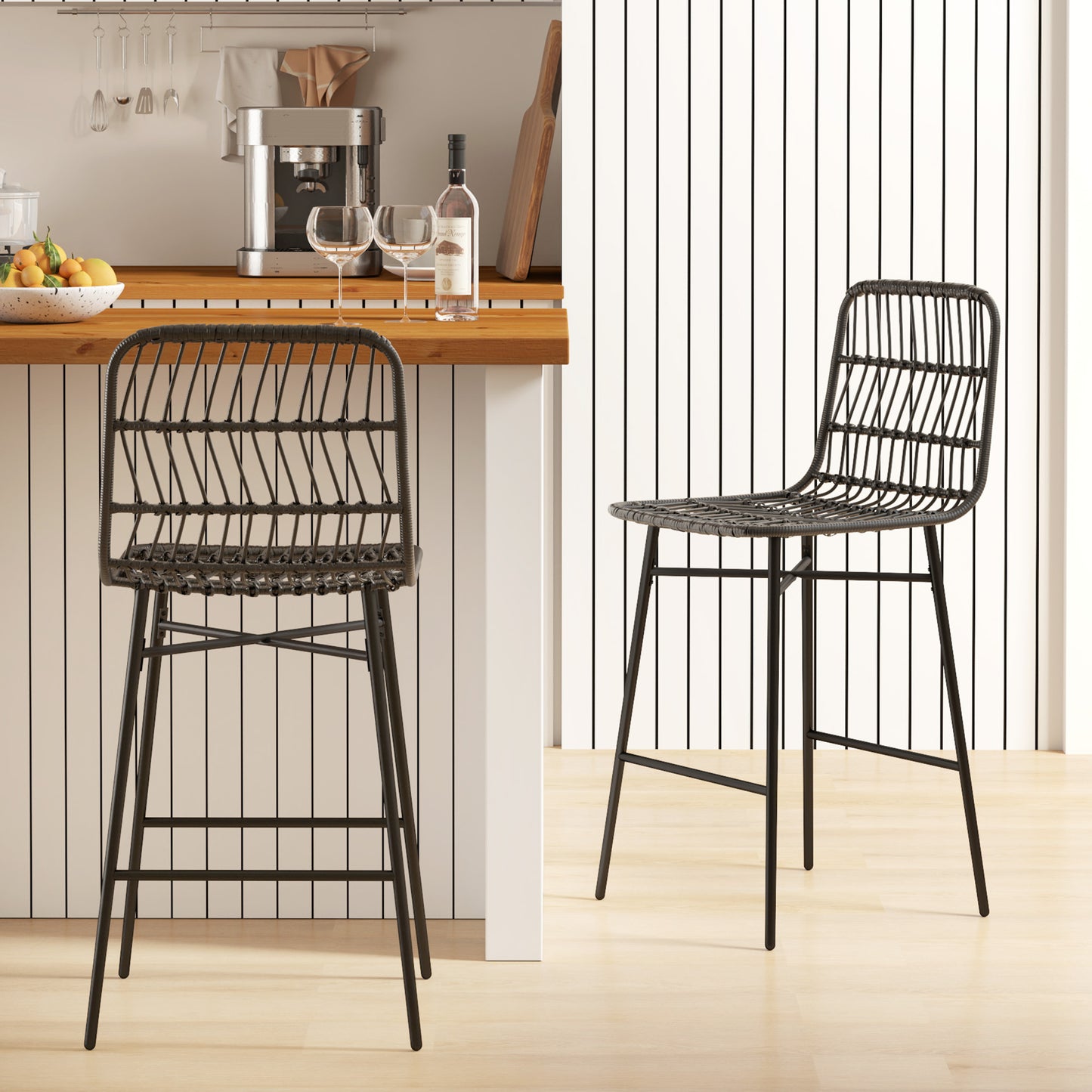 Rattan Counter Bar Stools Set of 2, 26" Counter Height Barstools with Back, Bar Chairs for Kitchen Island, Black