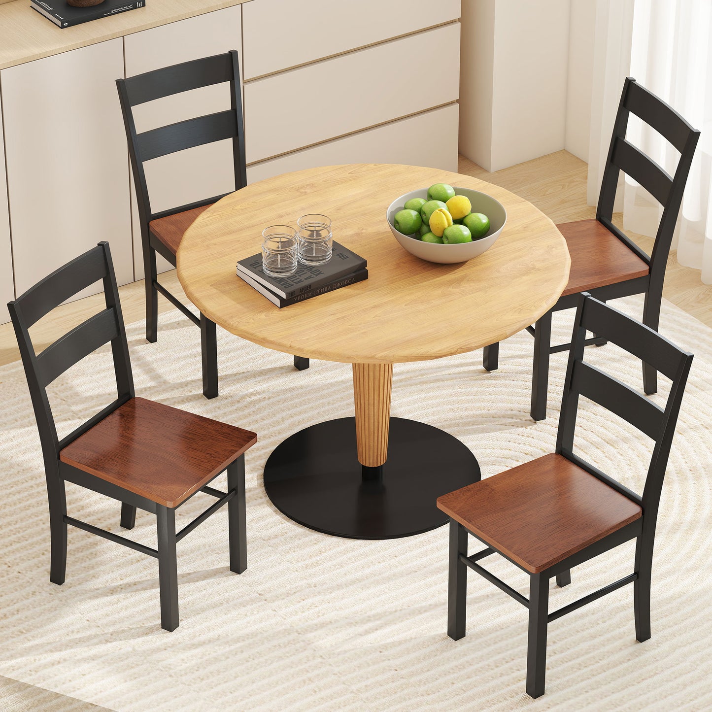 Farmhouse Dining Table Chairs, Set of 2 Rubber Wood Kitchen Table Chairs with Open Back for Living Room, Black