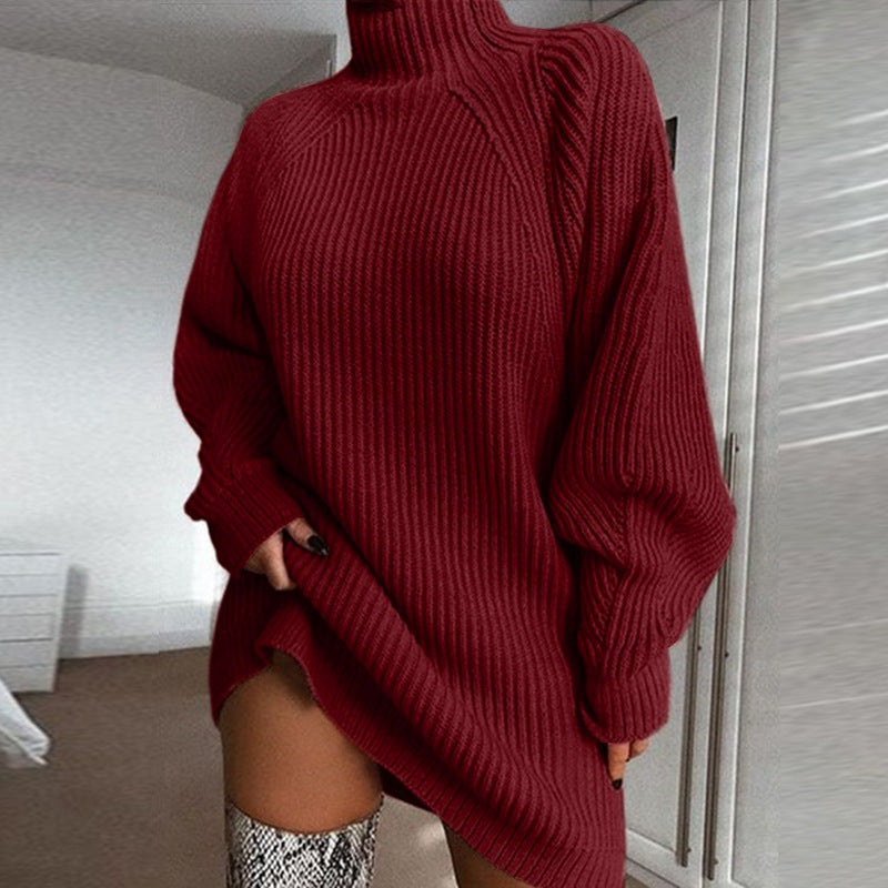 Mid Length Half High Collar Woolen Dress