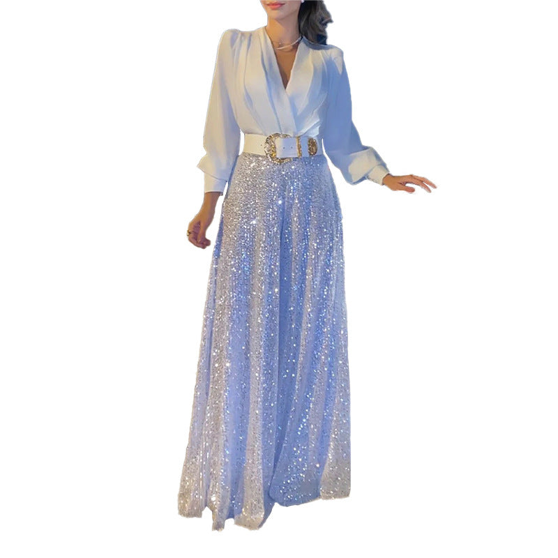 Long Sleeved Shirt Sequin Wide Leg Pants