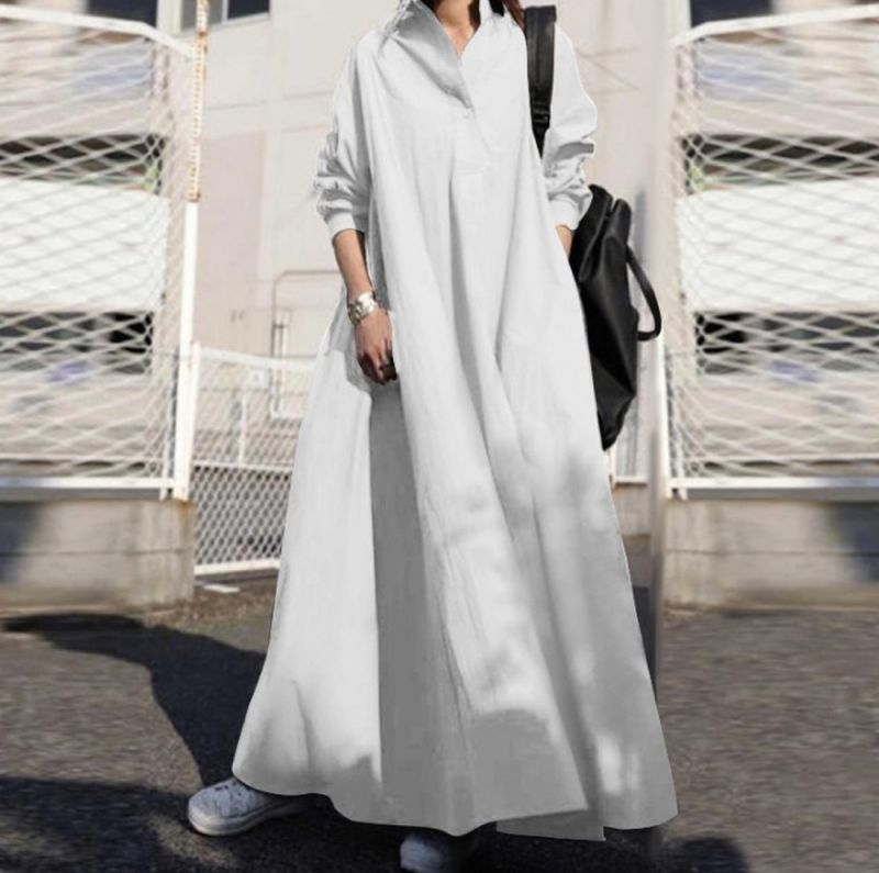 Long Sleeved Large Hem Solid Color Dress