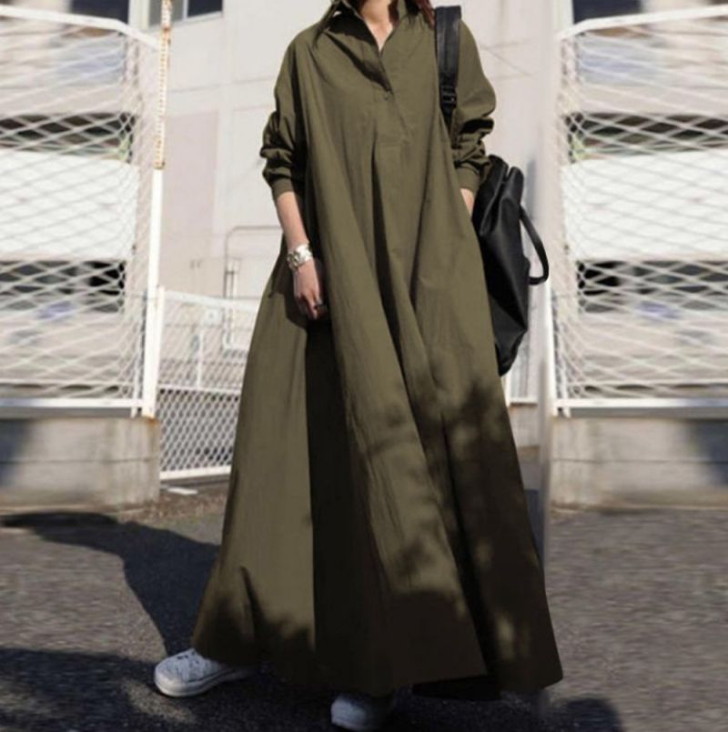 Long Sleeved Large Hem Solid Color Dress