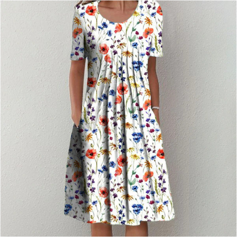 Large-Swing Printed Short-Sleeve Dress