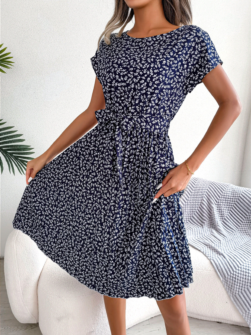 Short-Sleeve Floral Pleated Skirt