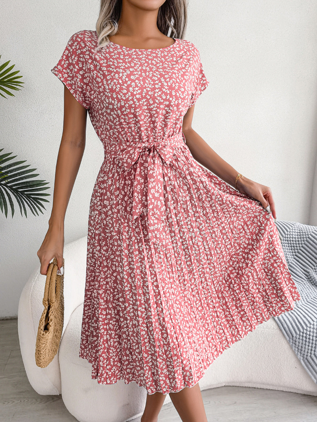 Short-Sleeve Floral Pleated Skirt