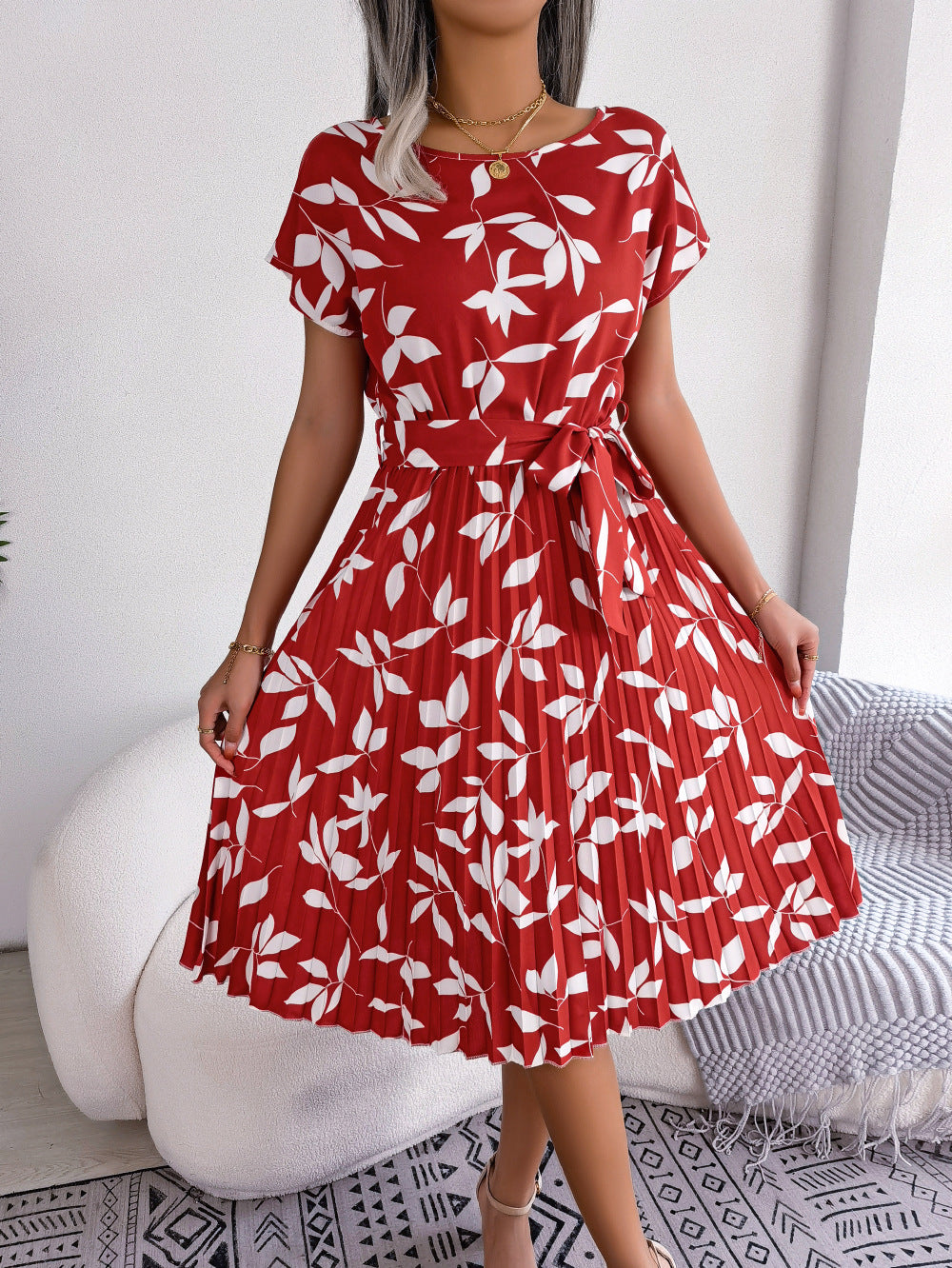 Short-Sleeve Floral Pleated Skirt