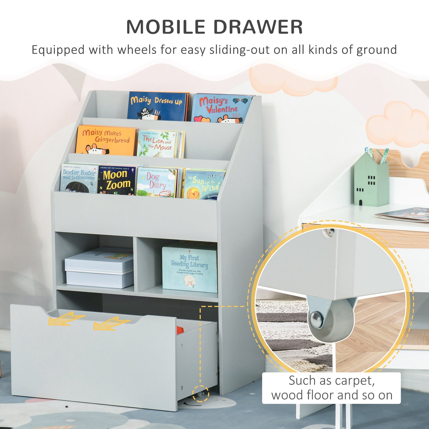 Kids Bookcase Multi-Shelf Book Rack with Mobile Drawer for Books