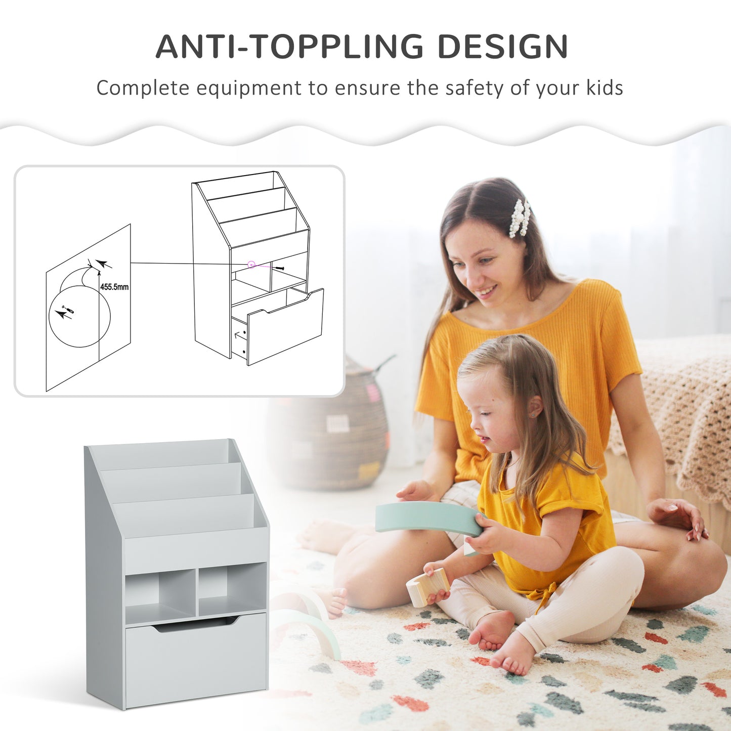 Kids Bookcase Multi-Shelf Book Rack with Mobile Drawer for Books