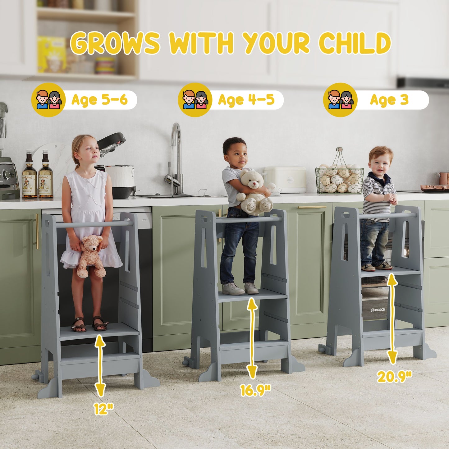 Height Adjustable Toddler Tower w/ Safety Rail