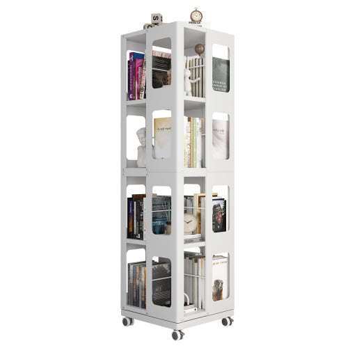 4-Tier All-Steel Rotating Bookshelf With 360  Wheels, Large Size Sturdy   Spacious Book Rack, New Style White Bookshelf,Easy Assembly