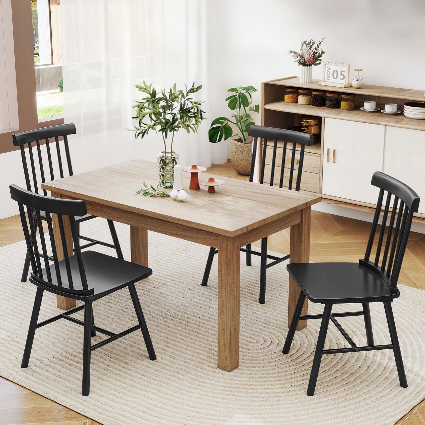 Dining Chairs Set of 2, Farmhouse Wood Kitchen Chairs with Rubber Wood Frame, Spindle Back for Dining Room, Black