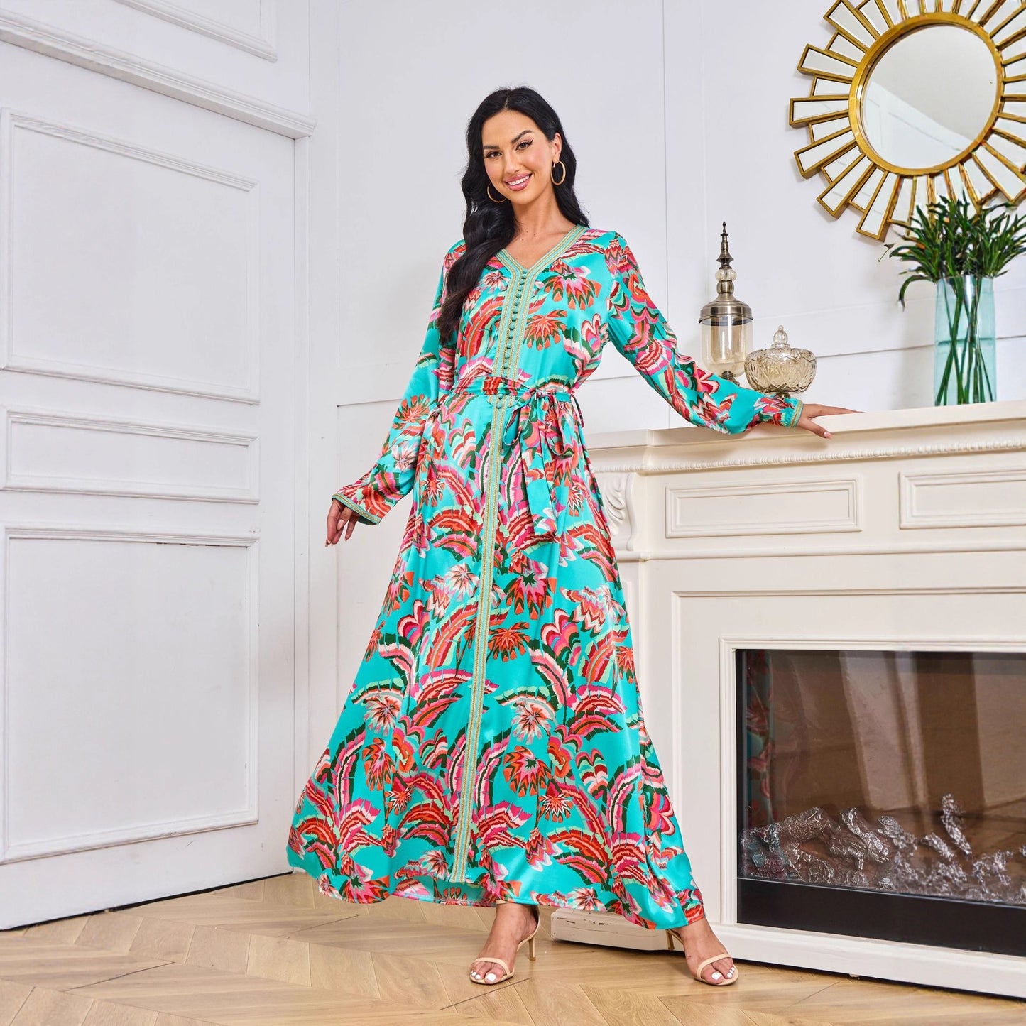 Dubai Abaya Gown Dress With Printed Hot-stone And Embroidered Detailing