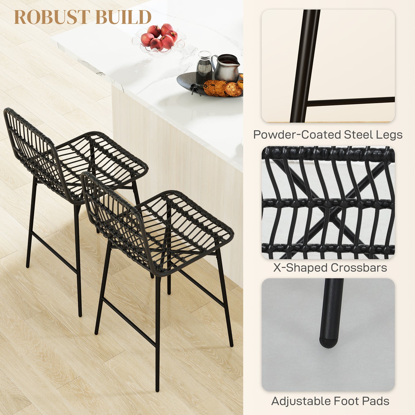 Rattan Counter Bar Stools Set of 2, 26" Counter Height Barstools with Back, Bar Chairs for Kitchen Island, Black