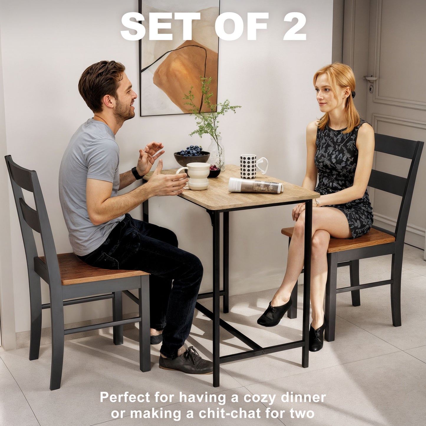 Farmhouse Dining Table Chairs, Set of 2 Rubber Wood Kitchen Table Chairs with Open Back for Living Room, Black