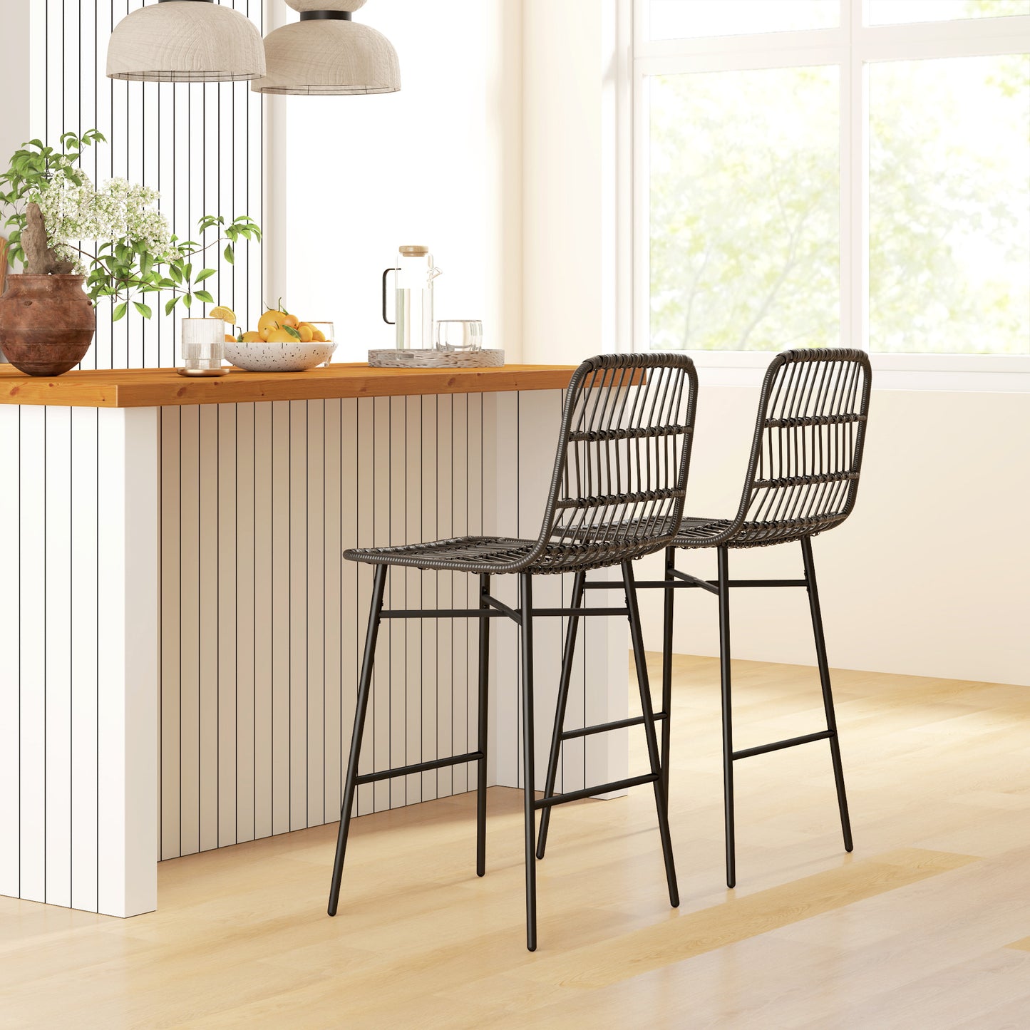 Rattan Counter Bar Stools Set of 2, 26" Counter Height Barstools with Back, Bar Chairs for Kitchen Island, Black
