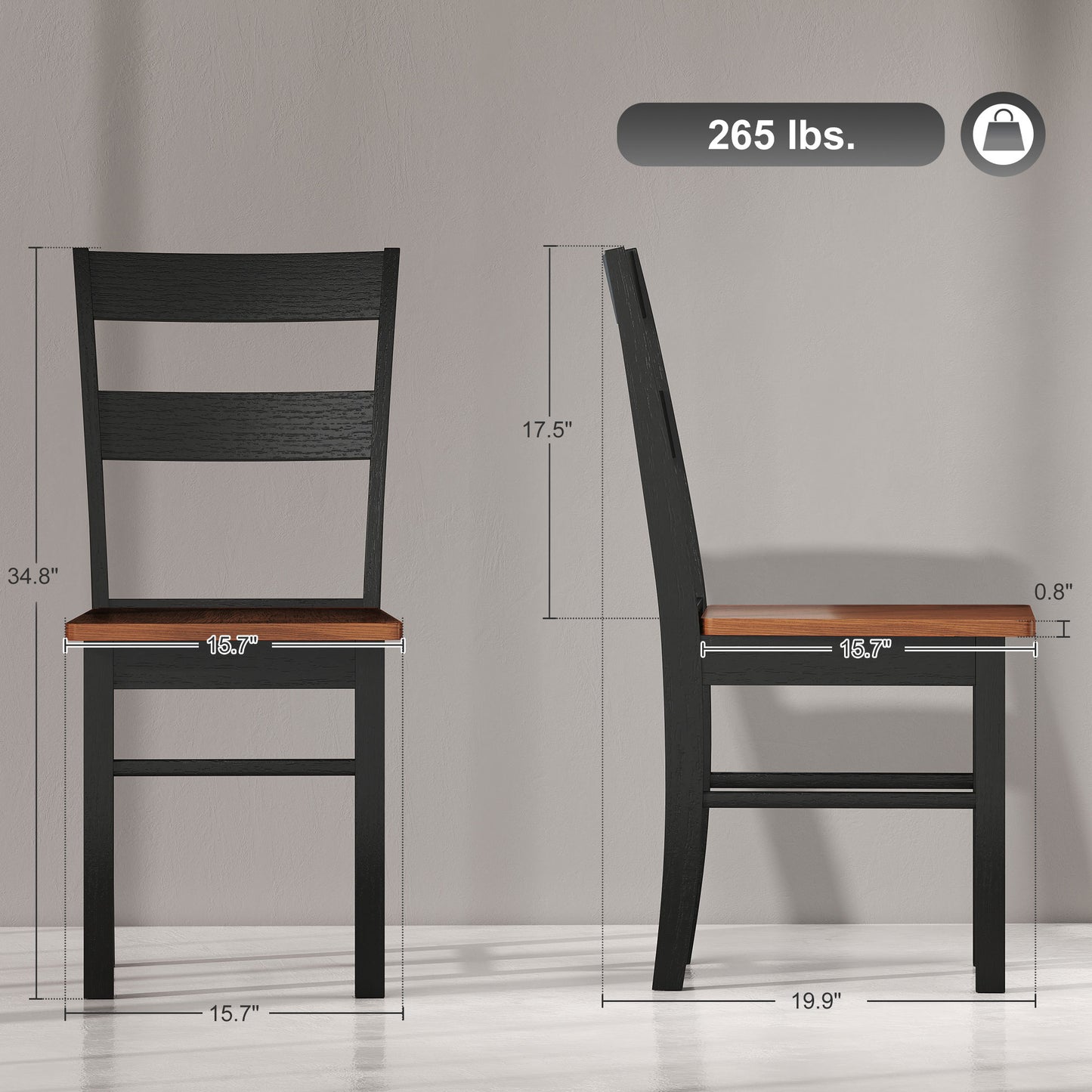 Farmhouse Dining Table Chairs, Set of 2 Rubber Wood Kitchen Table Chairs with Open Back for Living Room, Black