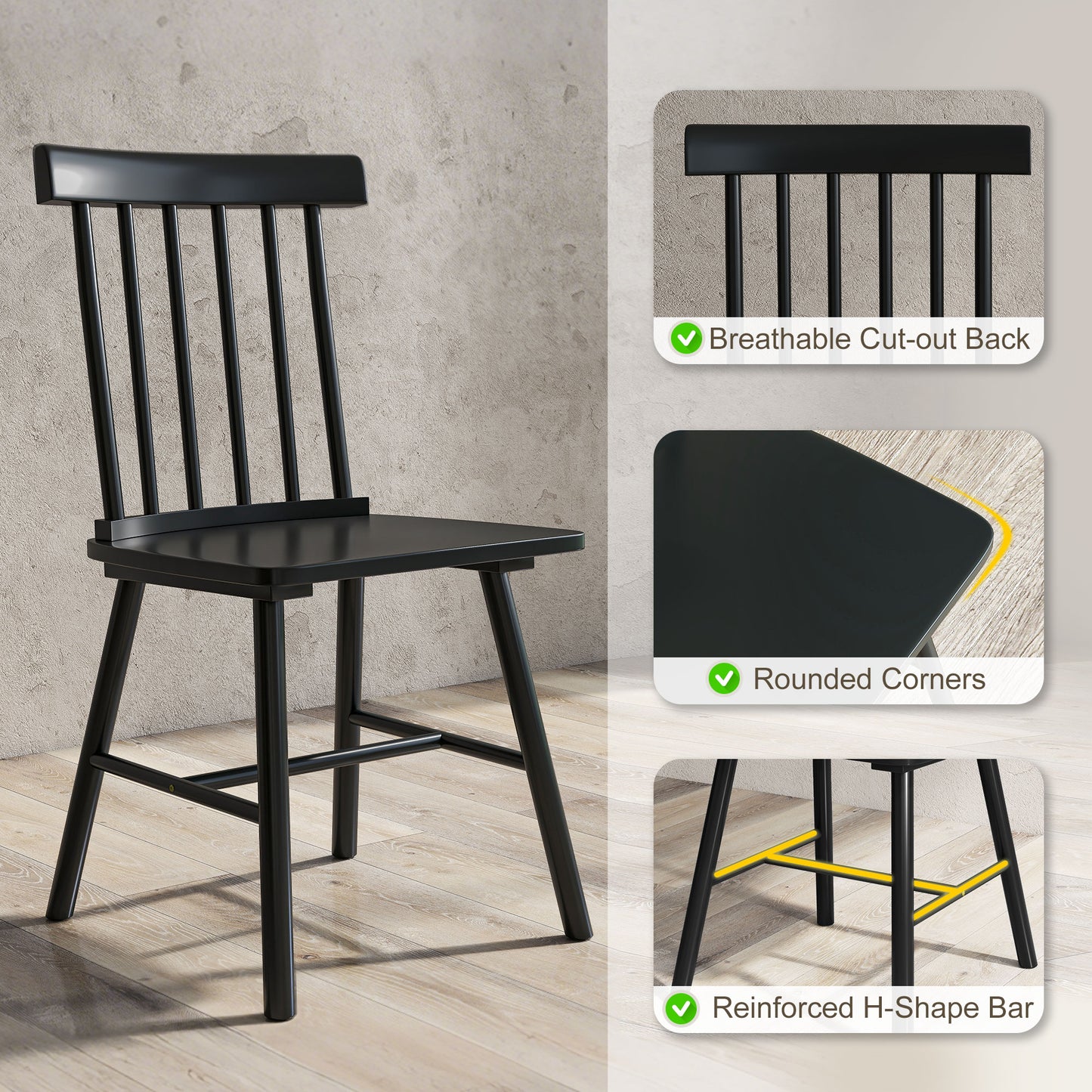 Dining Chairs Set of 2, Farmhouse Wood Kitchen Chairs with Rubber Wood Frame, Spindle Back for Dining Room, Black