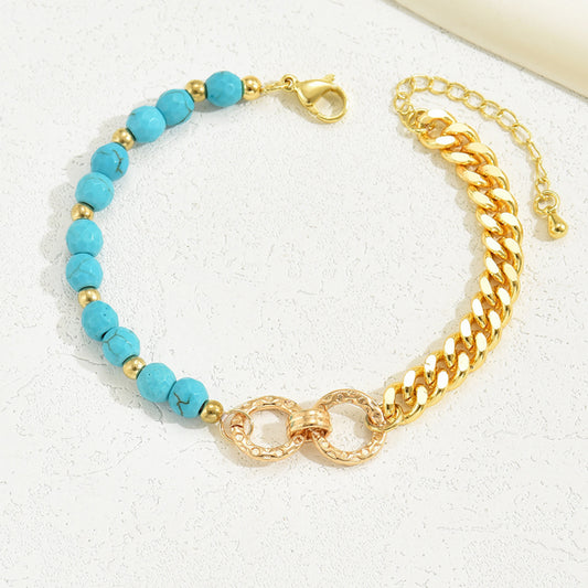 A Creative And Luxurious Instagram Style Double Ring Turquoise Multi Chain Mixed Bead Bracelet For Women's Vacation And Date Gifts