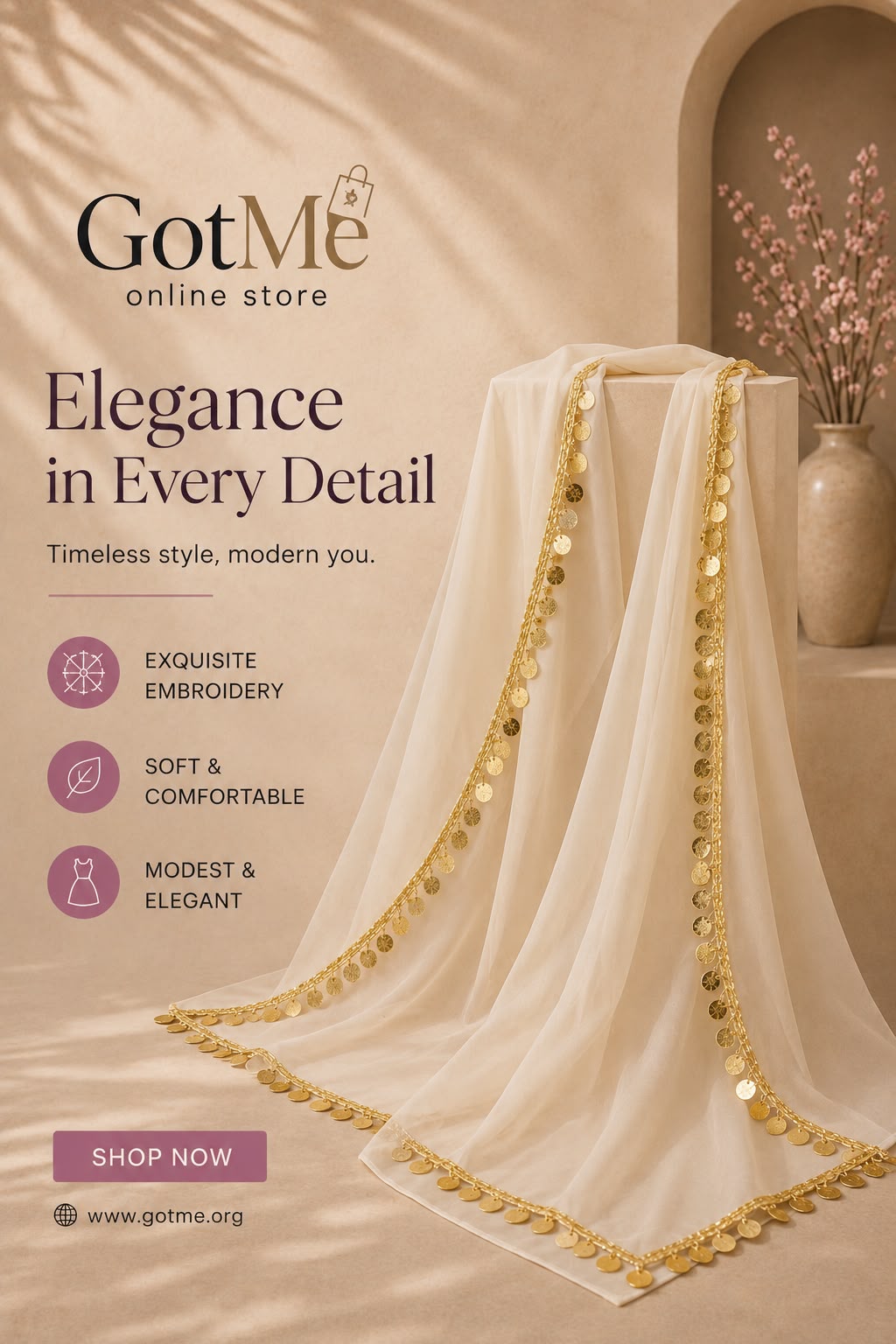 Ivory Elegance Coin-Trim Hijab