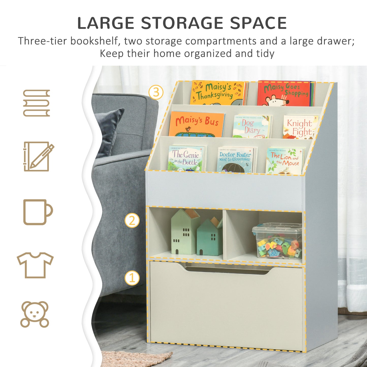 Kids Bookcase Multi-Shelf Book Rack with Mobile Drawer for Books