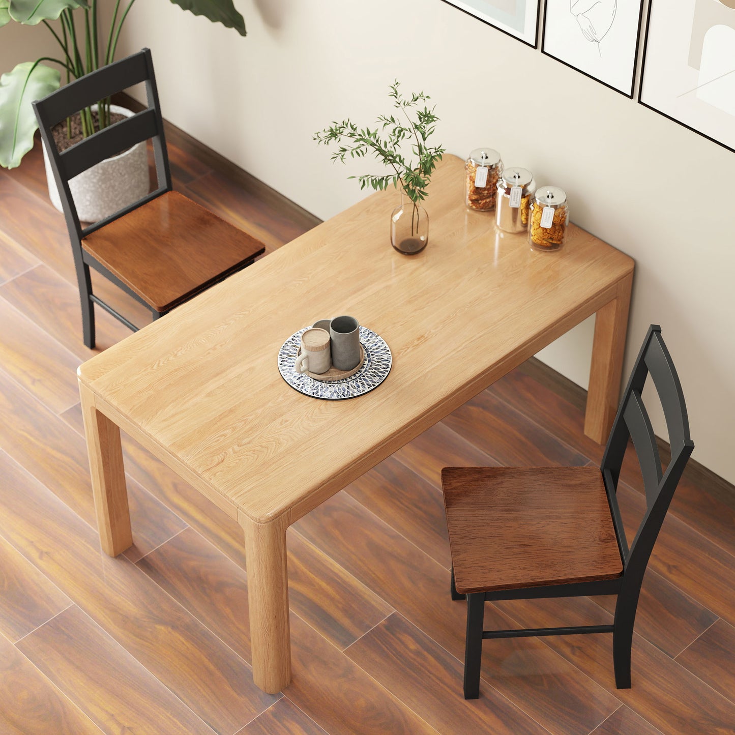 Farmhouse Dining Table Chairs, Set of 2 Rubber Wood Kitchen Table Chairs with Open Back for Living Room, Black