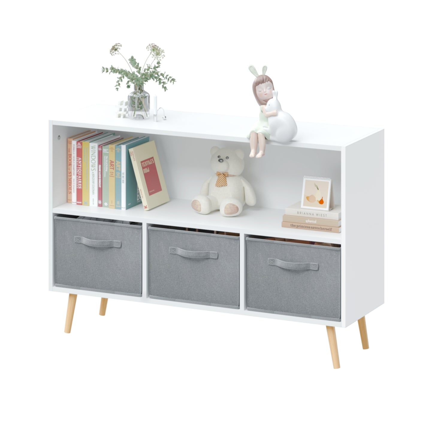 Kids Bookcase With Fabric Drawers, Children's Book Display & Toy Storage Cabinet